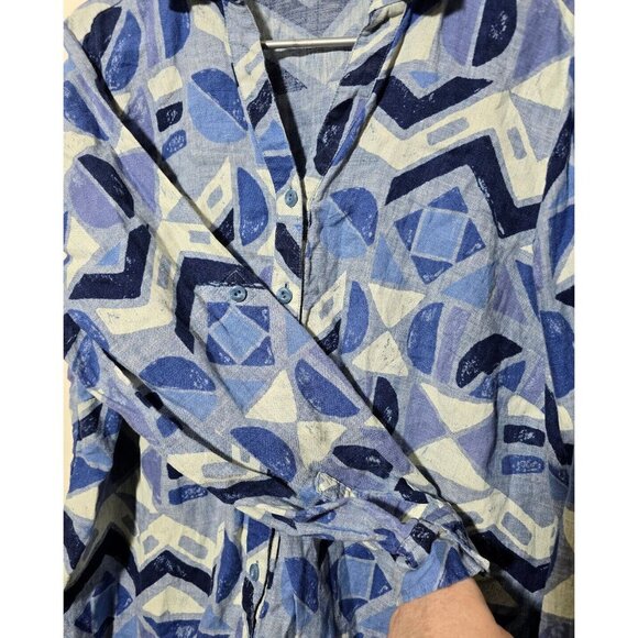 Studio Works Shirt 2X Linen Geometric Artsy Breathable Woven Button Up Boho Blue - Picture 9 of 11